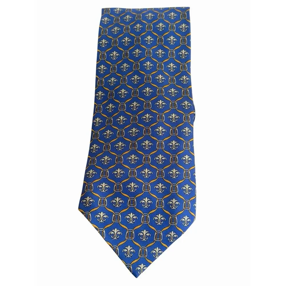 NWT Richel Blue 100% Pure Silk Hand Made In Spain Fleur De Lis Print Gold